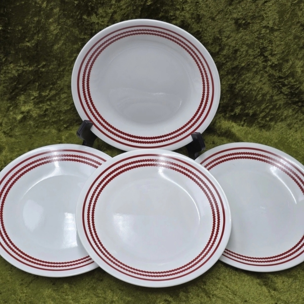 Corelle CLASSIC CAFE RED (4) Bread Dessert Plates 6 3/4" Red Bands Rim